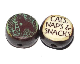 1 Ceramic Cat Double Sided Quote Bead Porcelain Handmade 15mm BB4-1