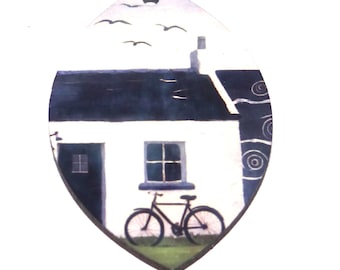 Wooden Two Sided Scottish Cottage Sea Pendant Porcelain Handmade 45mm MM9-2