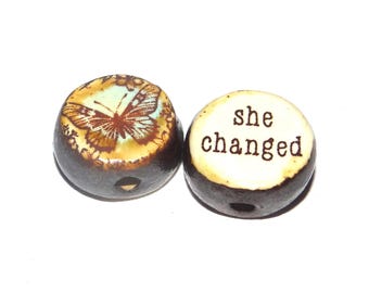 1 Ceramic Butterfly Double Sided Quote Bead Porcelain Handmade 13mm BB5-3