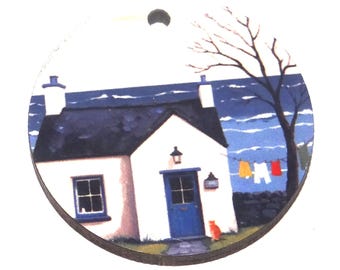 Wooden Two Sided Scottish House Sea Pendant Porcelain Handmade 30mm MM10-4