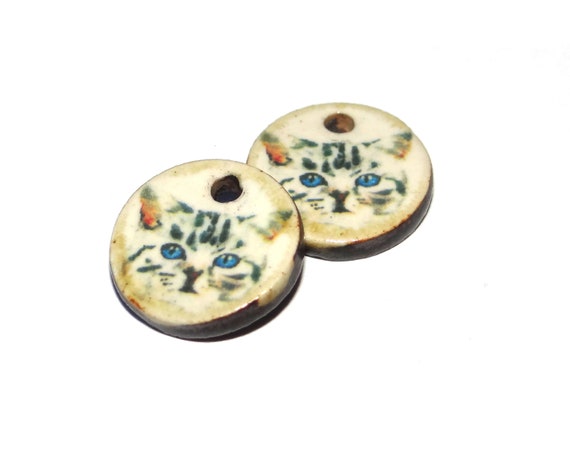 Ceramic Cat Charms Beads Pair Porcelain 12mm CC1-1