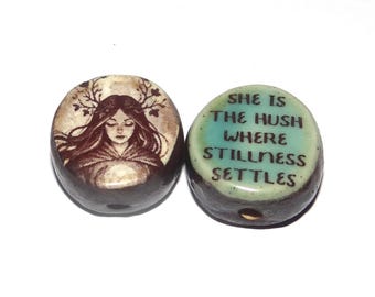 1 Ceramic Double Sided Quote Bead Porcelain Handmade 18mm BB4-3