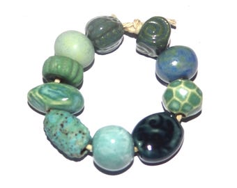 Ceramic Bead Set Textured Glazed Pottery Clay Handmade 8-15mm