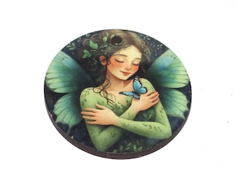Wooden Two Sided Fairy Butterfly Pendant Handmade 30mm MM10-1