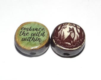 1 Ceramic Wild Double Sided Quote Bead Porcelain Handmade 13mm BB4-2