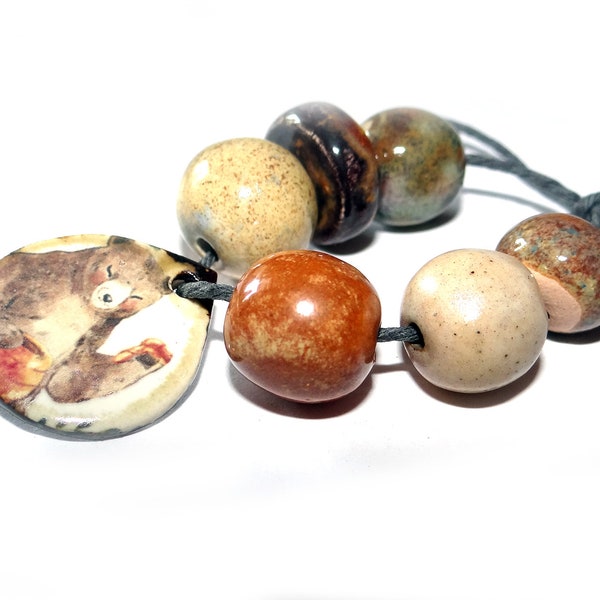 Ceramic Bear Pendant Bead Set Handmade Ceramic 12-15mm