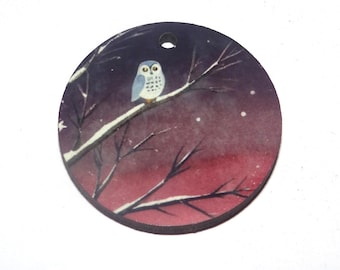 Wooden Two Sided Owl Winter Pendant Handmade 30mm MM7-1