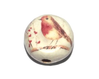 Ceramic Robin Coffee Focal Bead Handmade Pottery Beads 17mm PP6-1