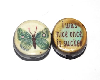 1 Ceramic Double Sided Quote Bead Porcelain Handmade 19mm CC4-4