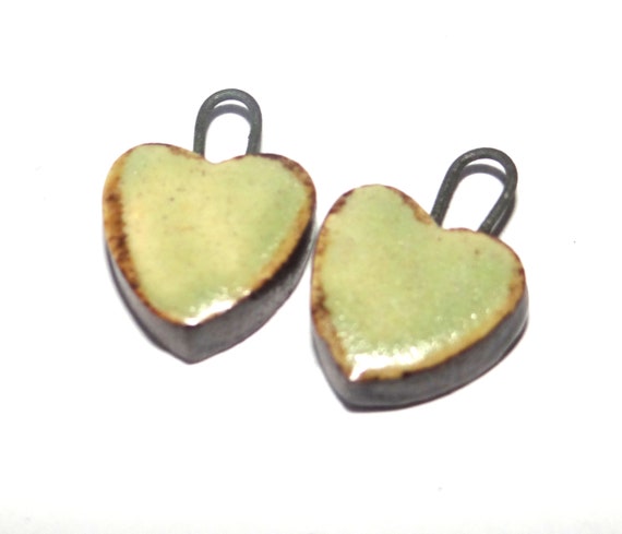 Ceramic Heart Charms Pair Beads Porcelain 16mm Light Green
