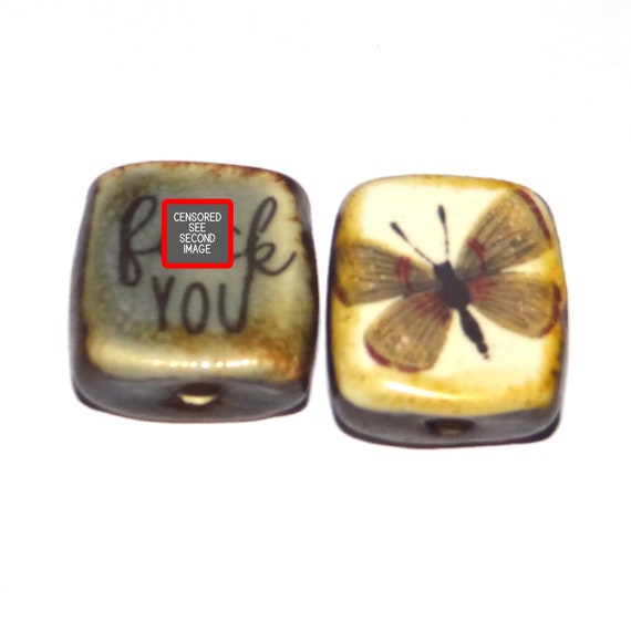 1 Ceramic Double Sided Quote Bead Porcelain Handmade  22mm PP2-4