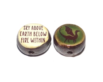 1 Ceramic Double Sided Quote Bead Porcelain Handmade 15mm BB8-4