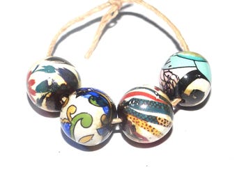 Ceramic Floral Bead Set Handmade Porcelain 11-12mm