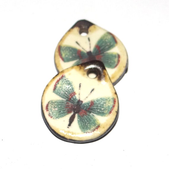 Ceramic Butterfly Earring Charms Pair Beads Handmade Rustic 18mm/0.7" P1-1