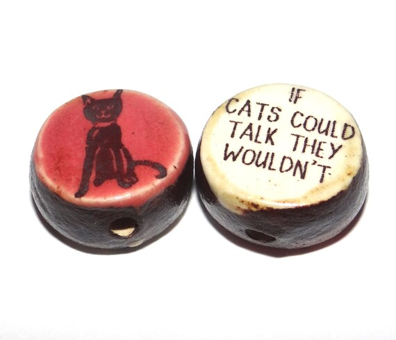 1 Ceramic Double Sided Quote Bead Porcelain Handmade 18mm Cat PP7-2