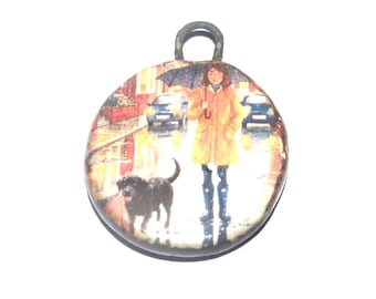 Ceramic Dog Walk In The Rain Charm Pendant Porcelain Handmade 27mm CC9-4