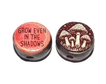 1 Ceramic Mushrooms Double Sided Quote Bead Handmade 13mm BB3-2