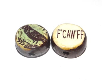 1 Ceramic Crow Double Sided Quote Bead Porcelain Handmade 13mm BB4-1