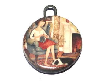 Ceramic Knitting Charm Pendant Porcelain Handmade 27mm CC9-4