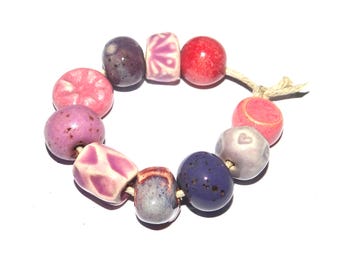 Ceramic Bead Set Textured Glazed Pottery Clay Handmade 8-15mm