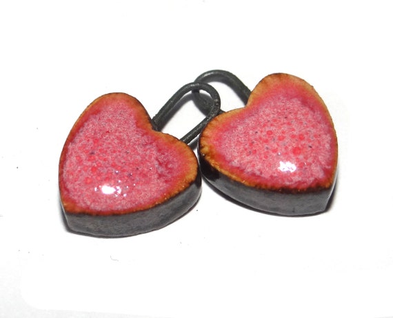 Ceramic Heart Charms Pair Beads Porcelain 16mm Pink CB10-3