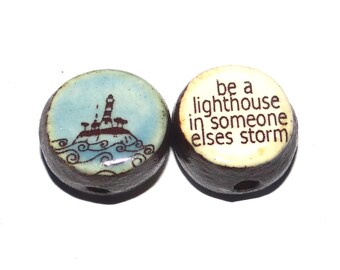 1 Ceramic Lighthouse Double Sided Quote Bead Handmade 13mm BB4-4