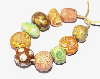 Ceramic Bead Set Textured Glazed Pottery Clay Handmade Porcelain 8-12mm