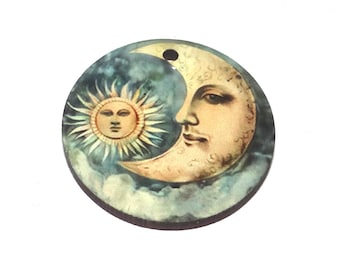 Wooden Two Sided Moon Sun Pendant Handmade 30mm MM10-4