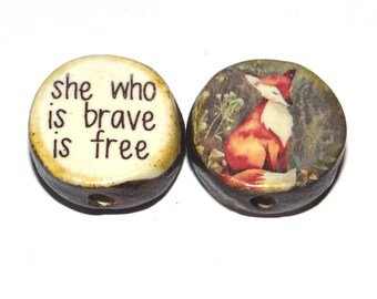 1 Ceramic Fox Bead Two Sided Quote Beads Porcelain Handmade  20mm