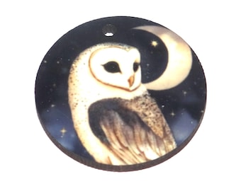 Wooden Two Sided Owl Pendant Porcelain Handmade 30mm MM10-4