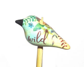 Ceramic Bird Bead Focal Handmade Rustic Floral Quote Word Sculpture Porcelain 30mm