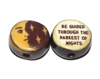 1 Ceramic Moon Double Sided Quote Bead Porcelain Handmade 15mm BB5-4