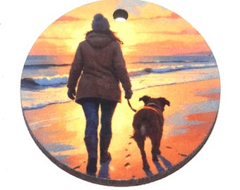 Wooden Two Sided Dog Walker Pendant Porcelain Handmade 30mm MM10-4