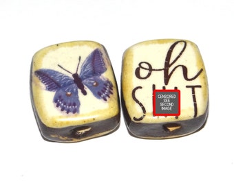 1 Ceramic Double Sided Quote Bead Porcelain Handmade  22mm PP2-4