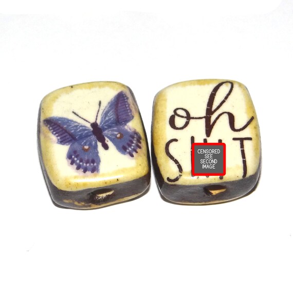 1 Ceramic Double Sided Quote Bead Porcelain Handmade  22mm PP2-4