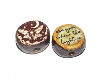 1 Ceramic Moth Double Sided Quote Bead Porcelain Handmade 13mm BB4-1