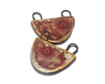 Ceramic Distressed Flower Charms Beads Pair Porcelain 22x20mm CC6-1