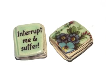 Ceramic Book Bead Focal Handmade Rustic Floral Quote Word Sculpture Porcelain 22mm