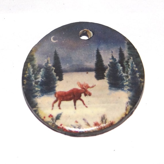 Ceramic Winter Forest Pendant Handmade Focal Porcelain 30mm CC5-2