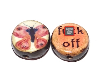1 Ceramic Adult Double Sided Quote Bead Porcelain Handmade  19mm BB4-1