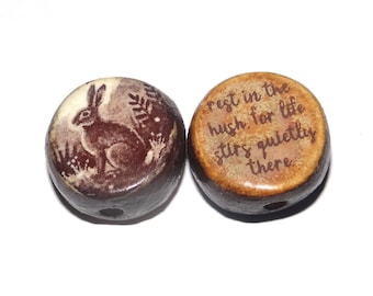 1 Ceramic Double Sided Quote Bead Porcelain Handmade 18mm BB6-4