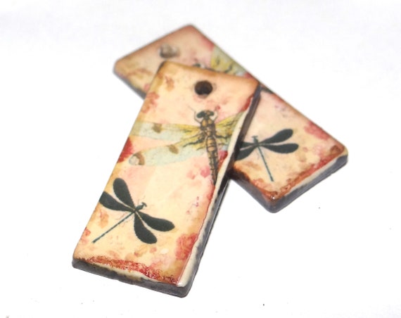 Ceramic Dragonfly Earring Charms Pair Beads Handmade Rustic 30mm CC2-3