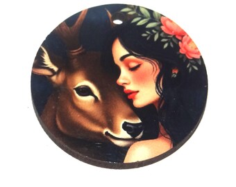 Wooden Two Sided Stag Pendant Porcelain Handmade 30mm MM10-4