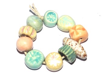 Ceramic Bead Set Textured Glazed Pottery Clay Handmade 8-15mm