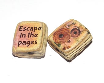 Ceramic Book Bead Focal Handmade Rustic Floral Quote Word Sculpture Porcelain 22mm