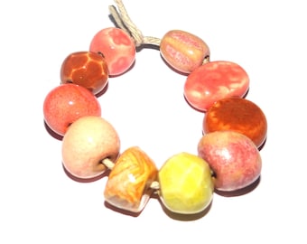 Ceramic Bead Set Textured Glazed Pottery Clay Handmade 8-15mm