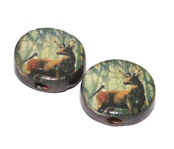Ceramic Stag Bird Forest Earring Bead Pair Beads Handmade Rustic 15mm/0.8" P1-3