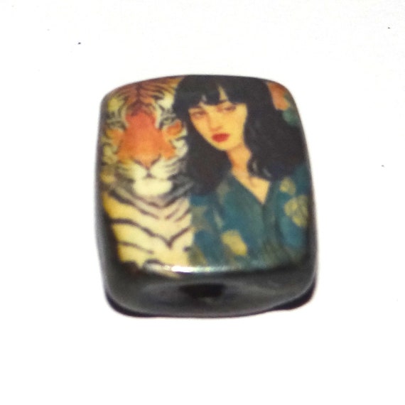 Ceramic Tiger Woman Focal Bead Handmade Pottery Beads 24mm PP8-4