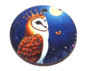 Wooden Two Sided Owl Pendant Porcelain Handmade 30mm MM10-4