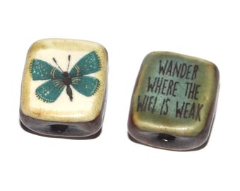 1 Ceramic Double Sided Quote Bead Porcelain Handmade  19mm BB6-2